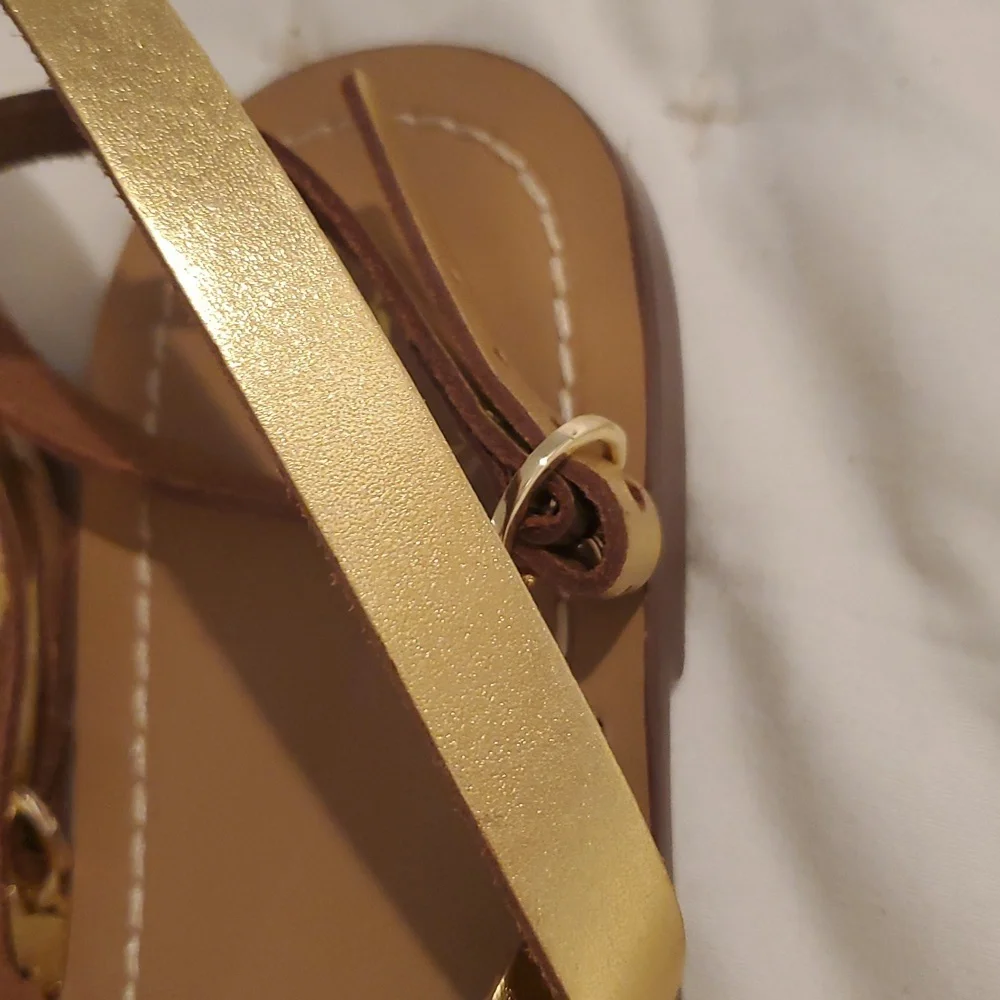 Zara Gold and Tan Sandals with Metallic Straps (28) - Picture 4 of 5